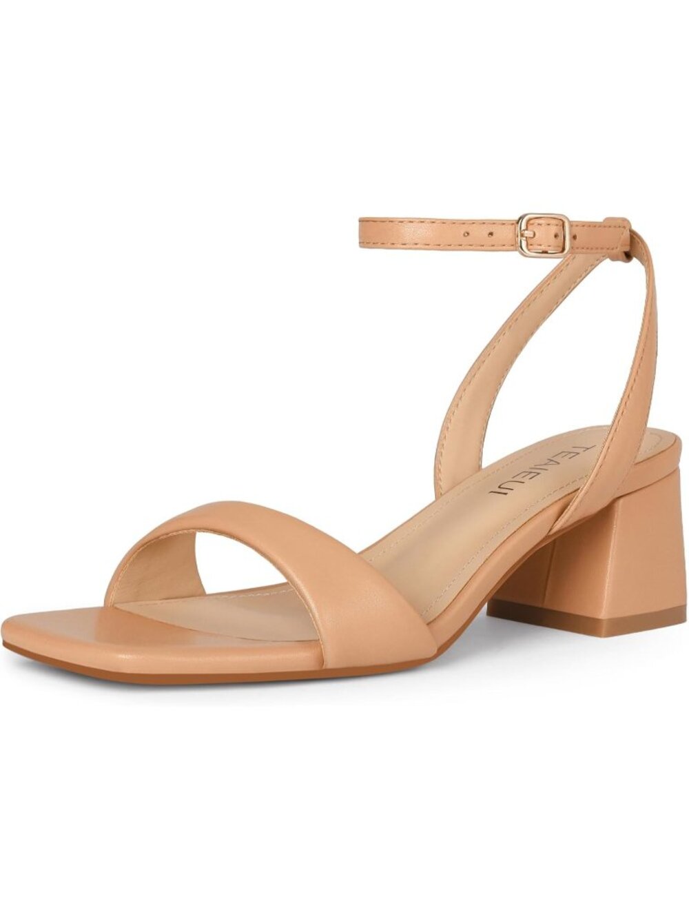 Women's Nude Faux Leather Comfortable Square Open Toe Ankle Strap Heeled Sandal